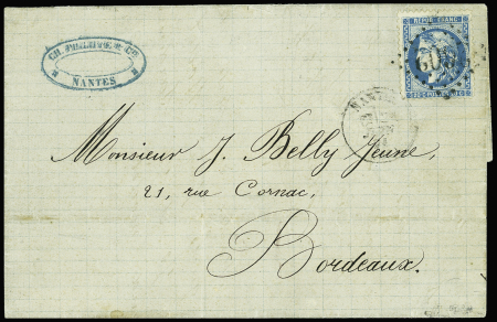 N°46B 20c bleu, T III, R II, Pos. 12, DENTELE 13 de NANTES, obl. GC 2602 s. LAC, càd T16 NANTES 21/6/71, RR et TB, certif. JF Brun