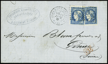N°44A 20c bleu, T I, R I, 2 ex. obl. GC 1053 s. LAC, càd T17 CLERMONT-FERRAND 12/1/71, arr. GENEVE le 14/1, TB