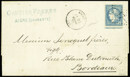 N°44A 20c bleu, T I, R I, PERCE en LIGNES, obl. GC 17 s. LAC, càd T16 AIGRE 21/3/71, TTB. Signé Scheller