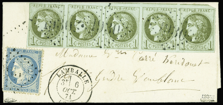 N°39Ca 1c olive clair, R III, BANDE de 5 + N°37 obl. GC 1930 s. LAC, càd T17 LAMBALLE 6/10/71, TTB. Signé Calves et JF.Brun
