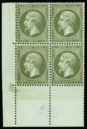 N°19a 1c vert-bronze, BLOC de 4 cdf avec CONTROLE TP, très bien centré, neuf **, Superbe