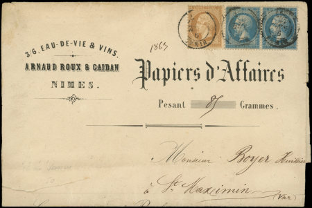 N°21 et 22, 10c. et 20c. PAIRE obl. càd T15 NIMES 9/4/63 s. PAPIERS D'AFFAIRES Eau de Vie et Vins, formule Rare, TB