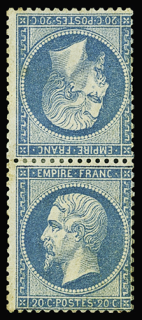 N°22b 20c bleu, TETE-BECHE, neuf *, gomme remagnée, centrage courant, cote (*), TB