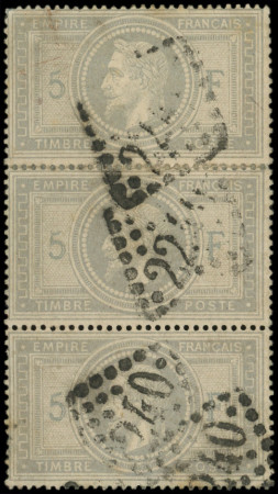 N°33 5f violet-gris, BANDE de 3 obl. GC 2240, 2 dents