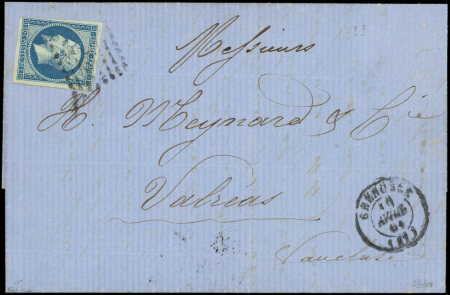 N°14Ba 20c bleu sur VERT, T II, obl. Losange s. LAC, càd GRENOBLE 10/4/61, arr. VALREAS le 11/4/61, TB. Signé Calves + certif.
