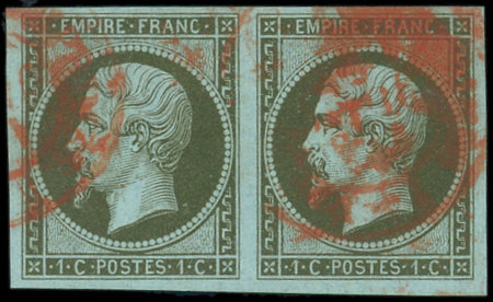 N°11 1c olive, PAIRE obl. càd rouge des Imprimés, TB. Signé Calves