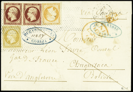 N°13A, 16 et 17A, 10c touché, 40c et 80c carmin PAIRE, obl. Roulette de POINTILLES s. LSC, càd PARIS 12/7/55, passage LONDON 13/7 pour CHUQUISACA BOLIVIE