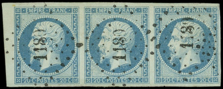 N°14Am 20c bleu s. VERT, BANDE de 3 obl. PC 1180, TTB