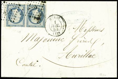 N°14A 20c bleu, T I, PAIRE 1 t. lég. effl., obl. PC 2204 s. LAC, càd T15 MURAT 1 JUIL 54, DOUBLE PORT 1er jour du nouveau tarif, 5 lettres connues