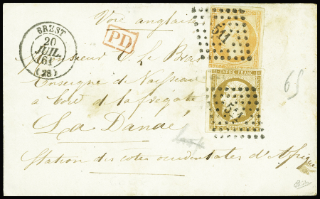 N°13B 10c brun clair, T II et N°16 40c. orange obl. PC 511 s. Env., càd T15 BREST 20/7/61 pour un Enseigne de Vaisseau à bord de la Danaé, station des