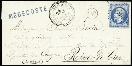 N°14A 20c bleu obl. PC s. LAC, càd T22 BRASSAC-les-MINES 24/6/61, cachet OR et griffe linéaire MEGECOSTE, arr. RIVE-DE-GIER, Rare, TTB. Signé Calves