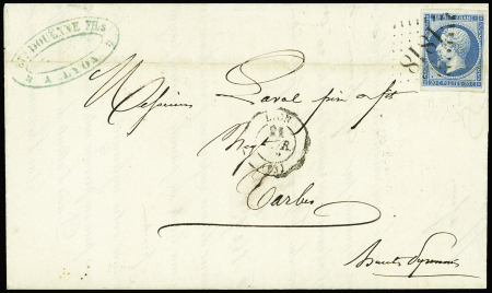 N°14B 20c bleu, T II, pli d'archive, obl. GC d'ESSAI 1818 caractères DELIES sur LAC, càd T15 LYON 21/2/62, RR et TB