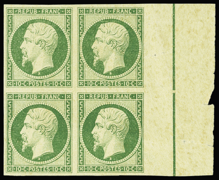 N°9 10c essai de couleur en vert, BLOC de 4 avec FILET d'ENCADREMENT, petite froiss. mais néanmoins RR et TB