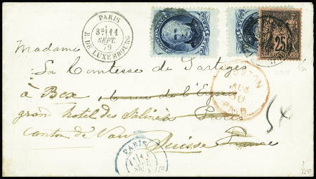 N°59 5c bleu (2) obl. sur Env., càd BOSTON 30/8/(79) pour Paris réexp. en Suisse avec N°91 de France obl. Paris 11/9/79, TB, R