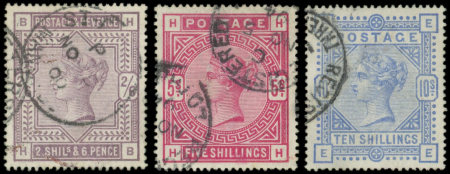 N°86/88 2/6, 5s. et 10s. de 1883-84, obl. càd, TB