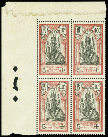 N°45E 5 + 10c. rouge et noir, BLOC de 4 cdf avec surch. NOIRE au lieu de rouge, N° Maury, pli de g. d'origine s. 3 t., neuf **, g. coloniale, pièce RR et TB