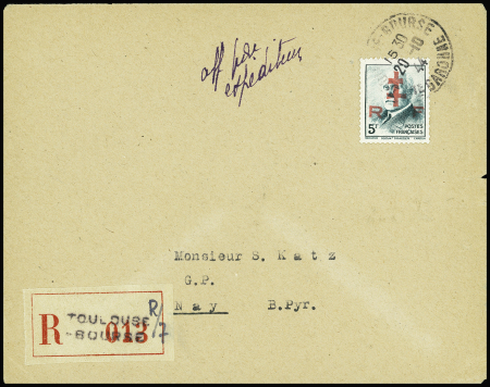 TOULOUSE N°12 5f bleu-vert, obl. 20/10/44 s. Env. Rec.,