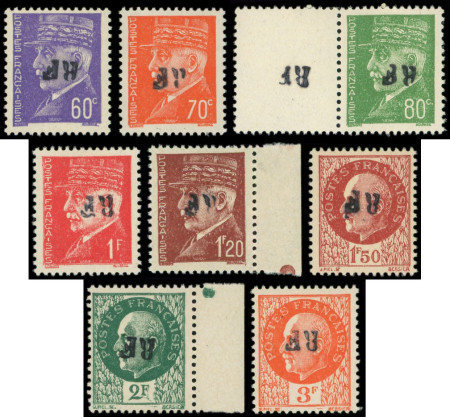 TOURS GARE N°1/7 et 9, 8 ex. surch. RENVERSEE, neuf **, TB, signés Mayer