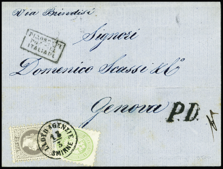N°6 25sld gris MIXTE avec Lombardo Vénétie N°24 3s. vert, tous obl. càd LLOYD AGENZIE SMIRNE 13/3 s. LSC, passage BRINDISI 17/3, arr. GENOVA 18/3, TTB