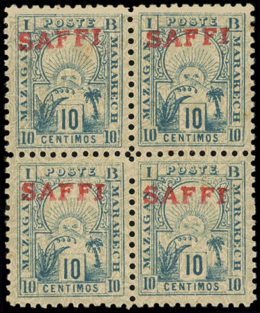 N°104D Safi à Marrakech, 10c bleu, surch. SAFFI, fond ligné verticalement, BLOC de 4, neuf **, quelques légères rousseurs habituelles, TB