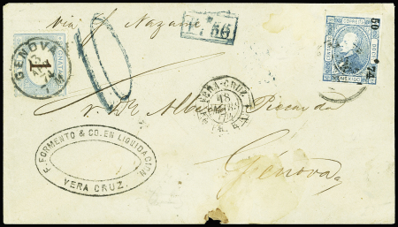 N°50 12c bleu obl. s. Env. et à côté càd VERA CRUZ PAQ FR B N°1 18/3/74, cachet bleu encadré 1F56, Taxe 10 en bleu