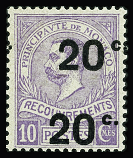 TAXE N°11a 20c s. 10c violet, DOUBLE surch., neuf *, RR et TB
