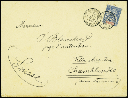 N°46 15c bleu obl. càd LA COULEE 13/5/00 s. Env., arr. LAUSANNE, TB