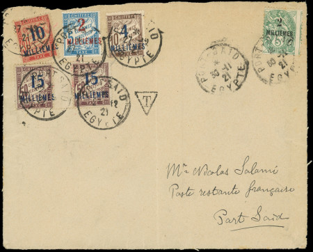 TAXE N°5/8 (N°8 en paire) obl. Port Said 27/12/71 sur Devant d'Env. affr. N°49A 2m. sur 5c. vert obl. 30/11/21, TB