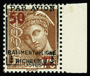 N°1 Mercure, 50 sur 75c. brun-rouge, bdf, surch. BATIMENT de LIGNE RICHELIEU, neuf **, TB. Signé Calves