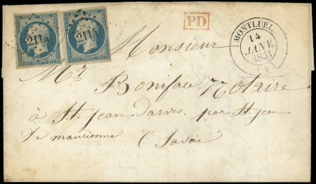 N°10 25c bleu, 2 ex. obl. PC 2114 s. LAC, càd T14 MONTLUEL 14/1/53, arr. càd Sarde St JEAN de MAURe 15/1, RR et TTB