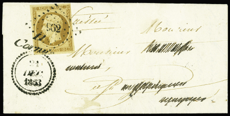 N°9a 10c bistre-brun, obl. PC 962 et Cursive sur le timbre 11/CORNUS s. LAC, dateur B 21 DEC 1853 (adresse rayée), TB