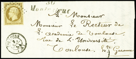 N°9 10c bistre-jaune, obl. PC 2061 s. LAC de BUZET 30/6/54, Cursive 30/MONTASTRUC et càd T15 TOULOUSE 2/7/54 à l'arrivée, Superbe