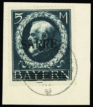 N°30a 5m bleu, petit A à SARRE et trait de contrôle, obl. s. fragt, TB. Signé Scheller