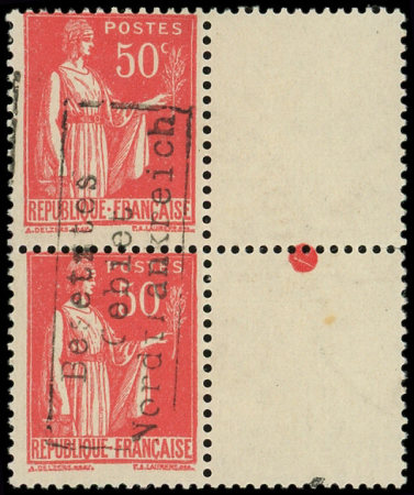 COUDEKERQUE N°6 50c rouge, Paix, paire bdf, 1 t. inf. ch., l'autre **, TB. Signé A.Brun
