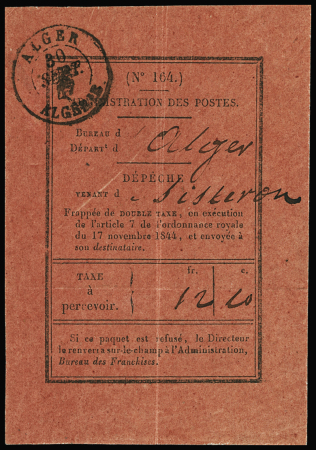 Etiquette rouge foncé N°164 utilisée au bureau d'Alger 30/9/47 pour une dépêche venant de Sisteron, RR, TB