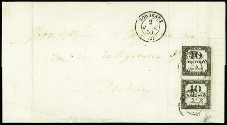 N°1 10c noir Litho, PAIRE obl. càd T15 BORDEAUX 2/1/59 s. LAC, RR, TB
