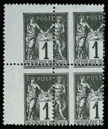N°83 1c noir sur azuré, BLOC de 4 PIQUAGE à CHEVAL, neuf **, 1 t. *, spectaculaire et TB