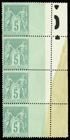 N°75 5c vert, BANDE de 4 verticale bdf avec spectaculaire PIQUAGE DECALE, neuf **, TTB