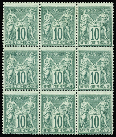 N°76 10c vert, BLOC de 9 décentré, neuf *, 3 ex. **, frais et TB