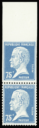 N°177b Pasteur, 75c bleu, NON DENTELE tenant à dentelé, bdf, neuf **, TB