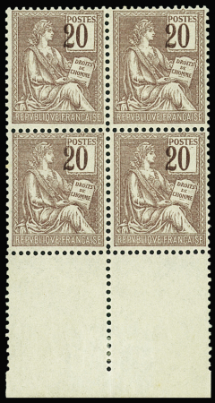 N°113 Mouchon, 20c brun-lilas, BLOC de 4, chiffres FONCES et DEPLACES, bon centrage, neuf **, TTB