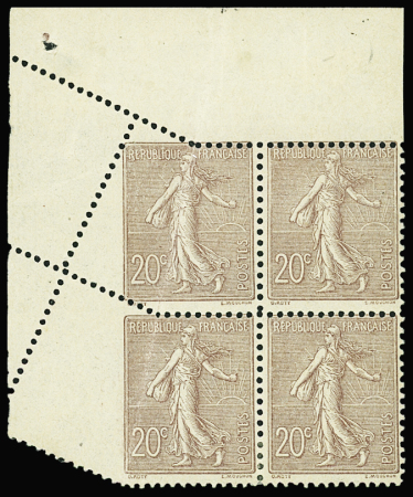 N°131h Semeuse Lignée, 20c brun-lilas, PIQUAGE OBLIQUE par pliage en BLOC de 4 cdf, neuf **, paire inf. *, TB