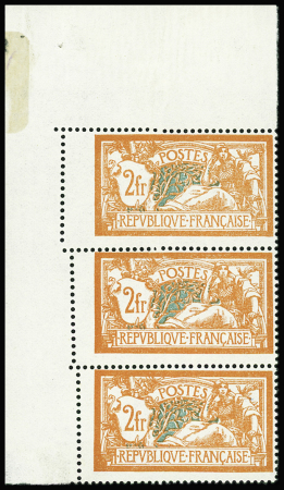 N°145 Merson, 2f orange et vert-bleu, BANDE de 3 cdf avec PIQUAGE DECALE en dégradé, neuf **, spectaculaire et TB