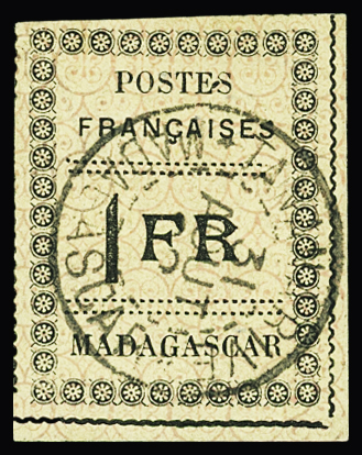 N°12 1f noir sur jaune, obl. plein centre, léger pelurage,