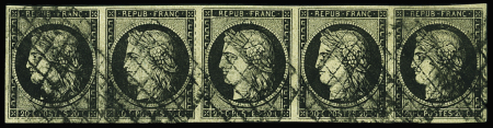 N°3 20c noir sur jaune, bande de 5 obl. grille, TB.