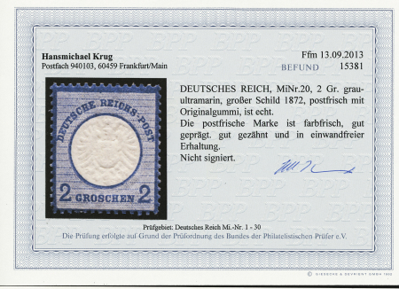 1872, 2 Gr blau Grosser Brustschild als Einzelwert