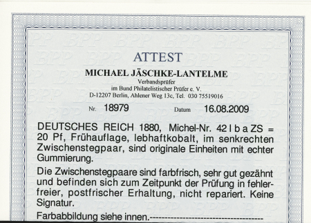 1880, 20 Pfennig lebhaftkobalt in senkrechten Zwischenstegpaar,