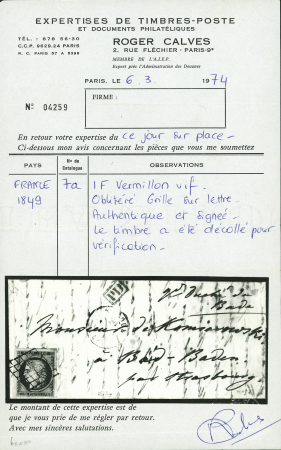 Exceptionnel 1 franc vermillon pour BADEN-BADENLettrecert.