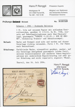 1900-03 1Fr. lila, gez. 11 1/2:12, zentrisch entwertet