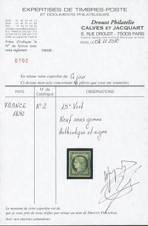 N°2 15c vert, neuf (*), TB. Certificat Calves